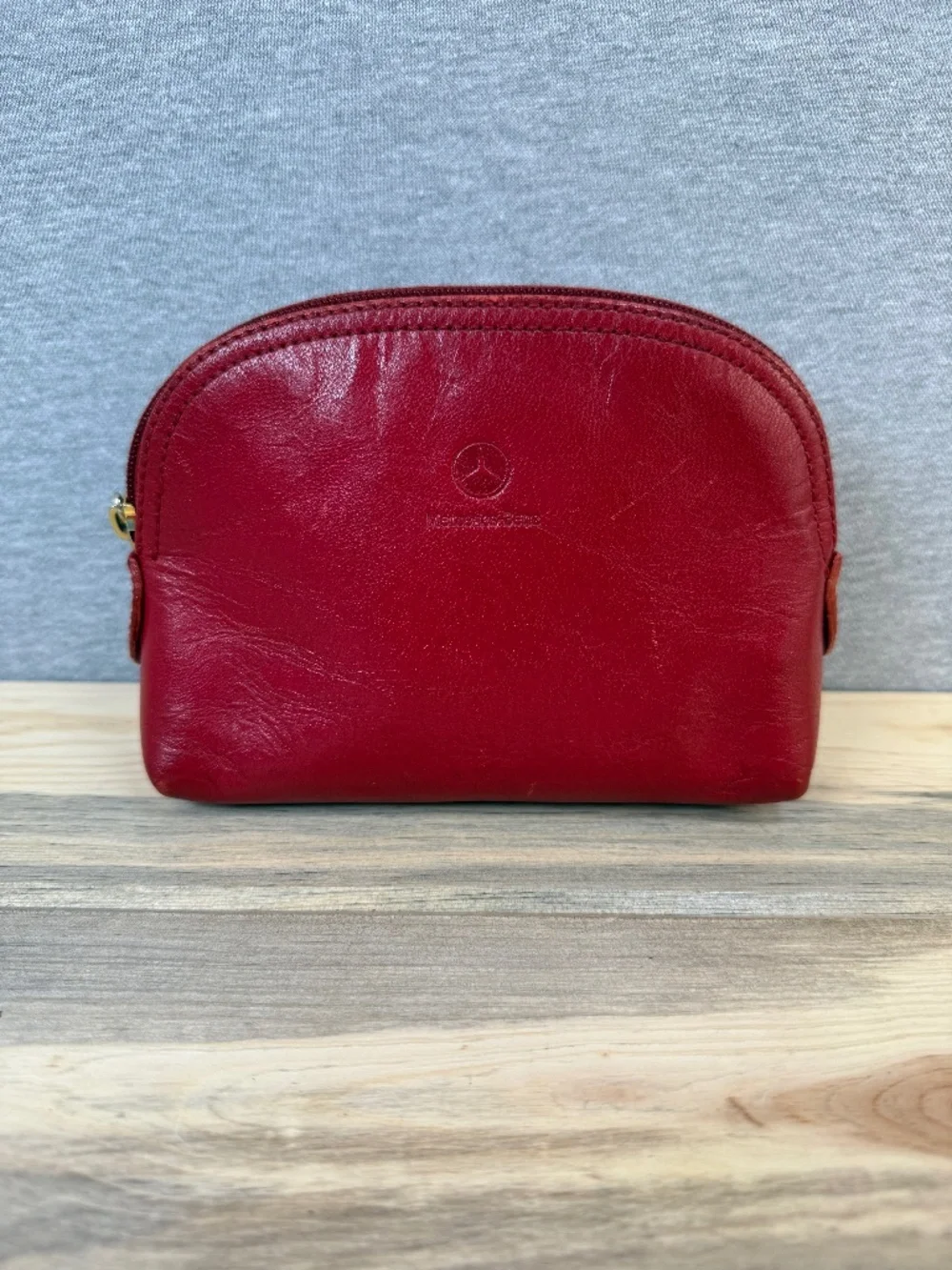 Mercedes Benz Red Leather Pouch Vintage Toiletries Zipper Case Bag Automobile